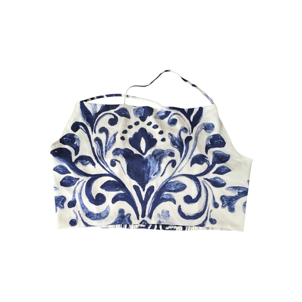 Rachel Zoe Crop Top Women Blue White Damask Smocked Back NWT - L